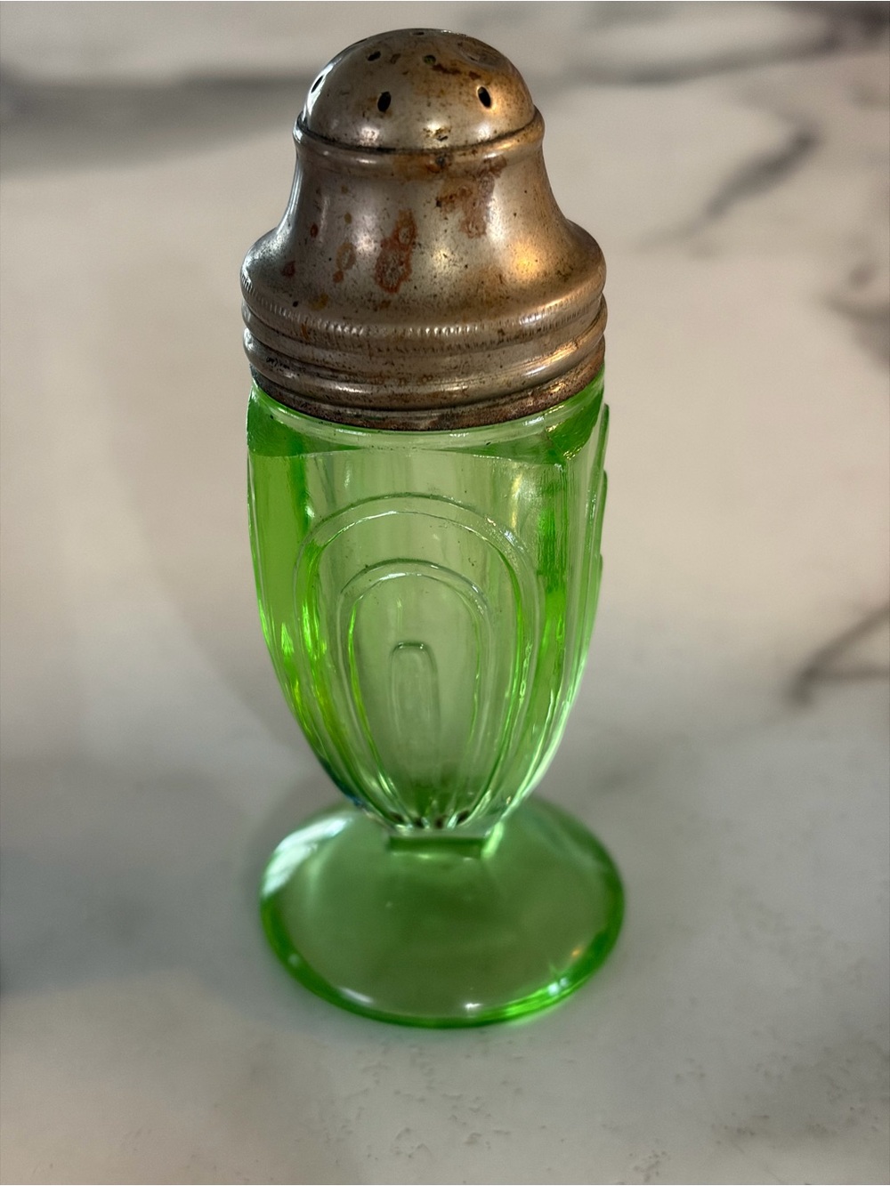 Vintage Green uranium Glass Salt Shaker with Metal Top